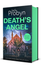 Book cover of Death’s Angel by Jack Probyn. A gritty Essex Murder Mystery featuring an imposing stone gothic church at night, illuminated by warm orange light against a moody blue and purple sky. Book 6 in the DS Tomek Bowen series, perfect for fans of JD Kirk and JM Dalgliesh
