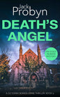 Book cover of Death’s Angel by Jack Probyn. A gritty Essex Murder Mystery featuring an imposing stone gothic church at night, illuminated by warm orange light against a moody blue and purple sky. Book 6 in the DS Tomek Bowen series, perfect for fans of JD Kirk and JM Dalgliesh