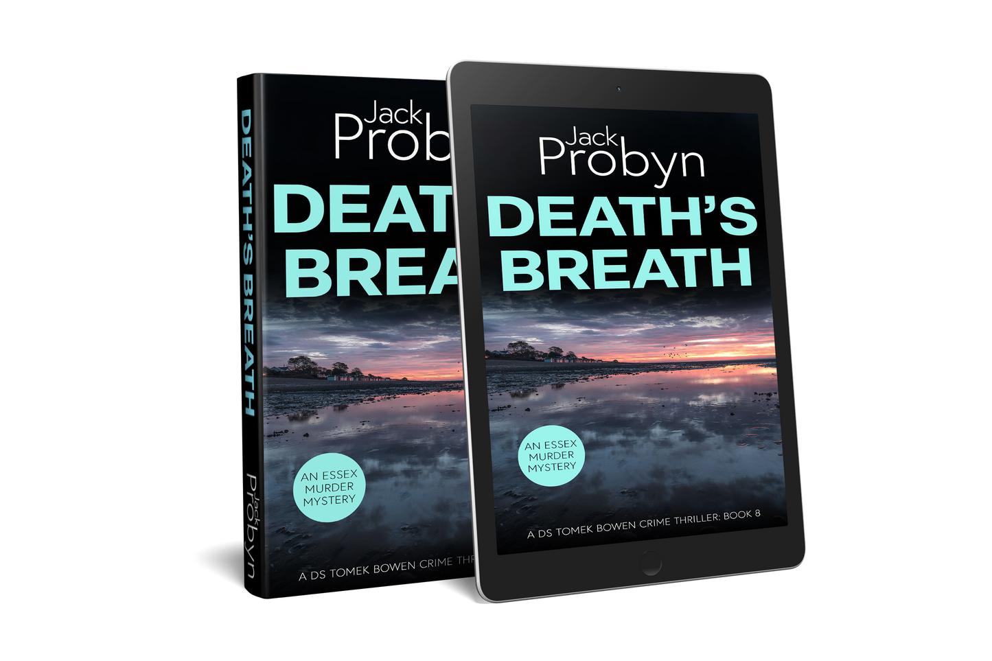 Book cover of Death’s Breath by Jack Probyn. A gritty Essex Murder Mystery showing a wide, mirror-like tidal flat at low tide reflecting a vibrant purple and orange sunset with birds on the horizon. Book 8 in the DS Tomek Bowen series, perfect for fans of JD Kirk and JM Dalgliesh