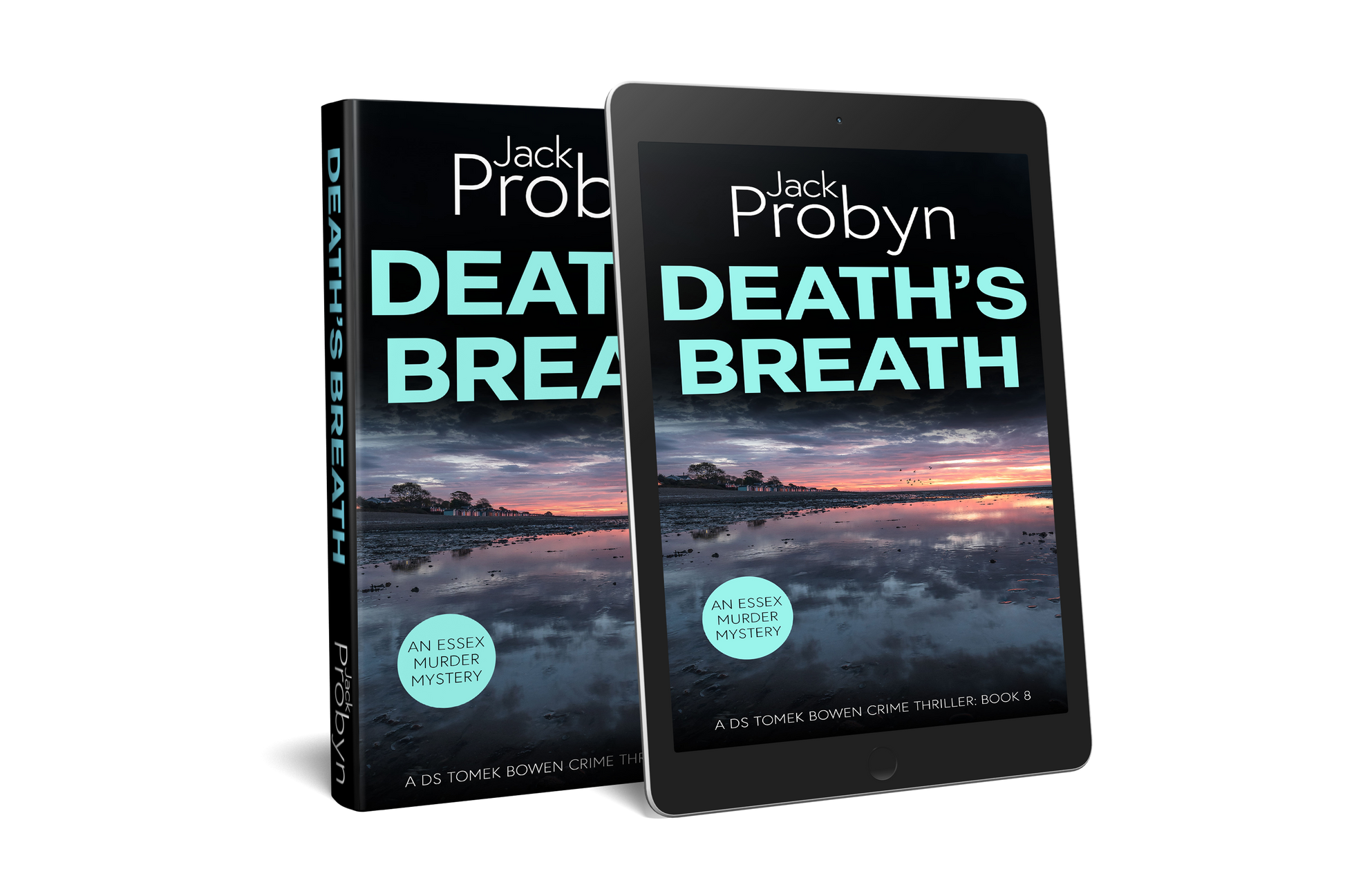 Book cover of Death’s Breath by Jack Probyn. A gritty Essex Murder Mystery showing a wide, mirror-like tidal flat at low tide reflecting a vibrant purple and orange sunset with birds on the horizon. Book 8 in the DS Tomek Bowen series, perfect for fans of JD Kirk and JM Dalgliesh