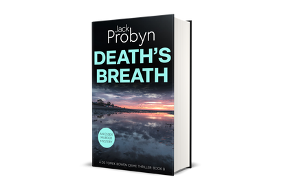 Book cover of Death’s Breath by Jack Probyn. A gritty Essex Murder Mystery showing a wide, mirror-like tidal flat at low tide reflecting a vibrant purple and orange sunset with birds on the horizon. Book 8 in the DS Tomek Bowen series, perfect for fans of JD Kirk and JM Dalgliesh