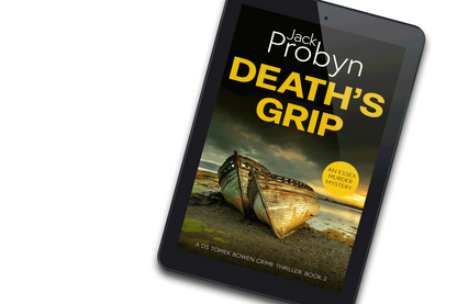 Book cover of Death’s Grip, an Essex Murder Mystery by Jack Probyn. A gritty crime thriller featuring two decaying, rusted boat hulls abandoned on a rocky shoreline at sunset. Book 2 in the DS Tomek Bowen series, perfect for fans of JD Kirk and JM Dalgliesh