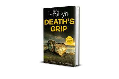 Book cover of Death’s Grip, an Essex Murder Mystery by Jack Probyn. A gritty crime thriller featuring two decaying, rusted boat hulls abandoned on a rocky shoreline at sunset. Book 2 in the DS Tomek Bowen series, perfect for fans of JD Kirk and JM Dalgliesh