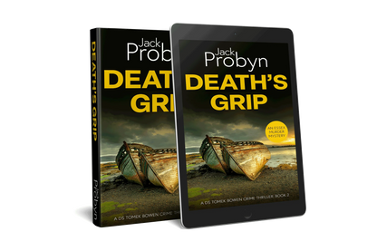 Book cover of Death’s Grip, an Essex Murder Mystery by Jack Probyn. A gritty crime thriller featuring two decaying, rusted boat hulls abandoned on a rocky shoreline at sunset. Book 2 in the DS Tomek Bowen series, perfect for fans of JD Kirk and JM Dalgliesh