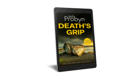 Book cover of Death’s Grip, an Essex Murder Mystery by Jack Probyn. A gritty crime thriller featuring two decaying, rusted boat hulls abandoned on a rocky shoreline at sunset. Book 2 in the DS Tomek Bowen series, perfect for fans of JD Kirk and JM Dalgliesh