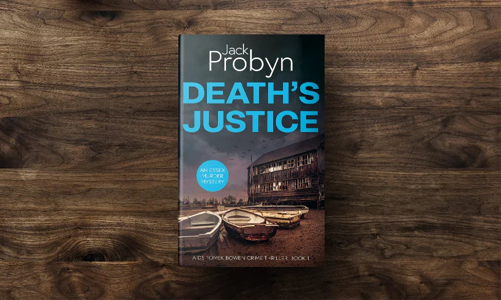 Book cover of Death's Justice, an Essex Murder Mystery by Jack Probyn. A gritty crime thriller featuring a weathered wooden boathouse on a muddy Essex shoreline at dusk. Book 1 in the DS Tomek Bowen series, perfect for fans of JD Kirk and JM Dalgliesh