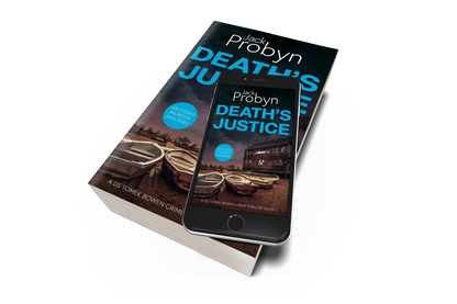Book cover of Death's Justice, an Essex Murder Mystery by Jack Probyn. A gritty crime thriller featuring a weathered wooden boathouse on a muddy Essex shoreline at dusk. Book 1 in the DS Tomek Bowen series, perfect for fans of JD Kirk and JM Dalgliesh