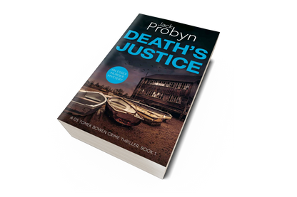 Book cover of Death's Justice, an Essex Murder Mystery by Jack Probyn. A gritty crime thriller featuring a weathered wooden boathouse on a muddy Essex shoreline at dusk. Book 1 in the DS Tomek Bowen series, perfect for fans of JD Kirk and JM Dalgliesh