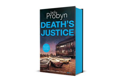 Book cover of Death's Justice, an Essex Murder Mystery by Jack Probyn. A gritty crime thriller featuring a weathered wooden boathouse on a muddy Essex shoreline at dusk. Book 1 in the DS Tomek Bowen series, perfect for fans of JD Kirk and JM Dalgliesh