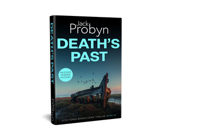 Book cover of Death’s Past by Jack Probyn. A gritty Essex Murder Mystery featuring the skeleton of a wooden shipwreck abandoned in a salt marsh at dawn, with birds flying overhead. Book 10 in the DS Tomek Bowen series, perfect for fans of JD Kirk and JM Dalgliesh