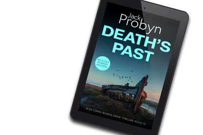 Book cover of Death’s Past by Jack Probyn. A gritty Essex Murder Mystery featuring the skeleton of a wooden shipwreck abandoned in a salt marsh at dawn, with birds flying overhead. Book 10 in the DS Tomek Bowen series, perfect for fans of JD Kirk and JM Dalgliesh