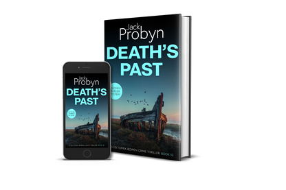Book cover of Death’s Past by Jack Probyn. A gritty Essex Murder Mystery featuring the skeleton of a wooden shipwreck abandoned in a salt marsh at dawn, with birds flying overhead. Book 10 in the DS Tomek Bowen series, perfect for fans of JD Kirk and JM Dalgliesh