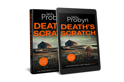 Book cover of Death’s Scratch by Jack Probyn. A gritty Essex Murder Mystery featuring an old stone boathouse and a rotting wooden ship on a marshy shoreline, with a rusted Celtic cross in the foreground. Book 9 in the DS Tomek Bowen series, perfect for fans of JD Kirk and JM Dalgliesh