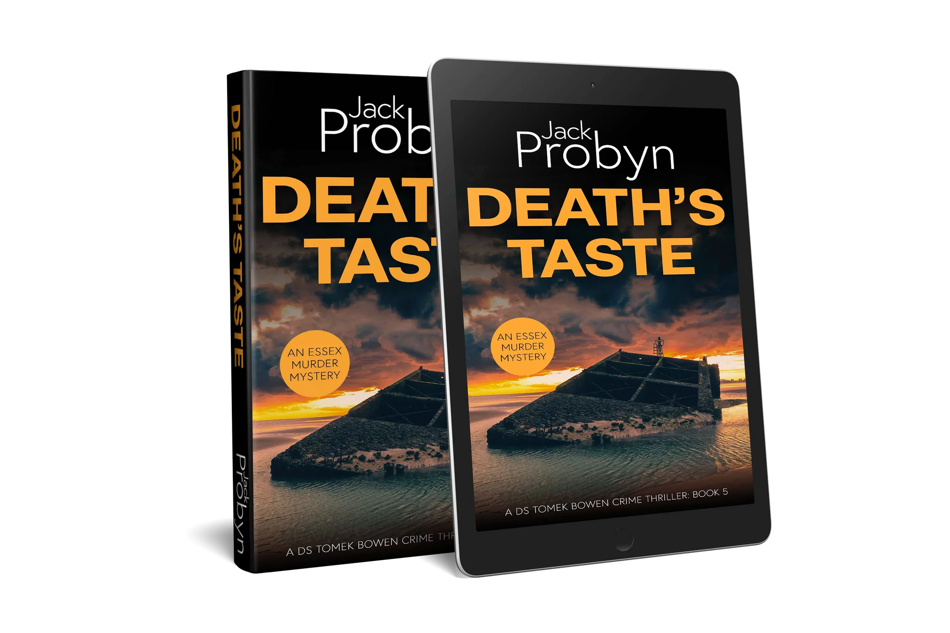 Book cover of Death’s Taste by Jack Probyn. A gritty Essex Murder Mystery featuring a large, slanted concrete sea defense or sunken bunker partially submerged in tidal water at sunset. Book 5 in the DS Tomek Bowen series, perfect for fans of JD Kirk and JM Dalgliesh