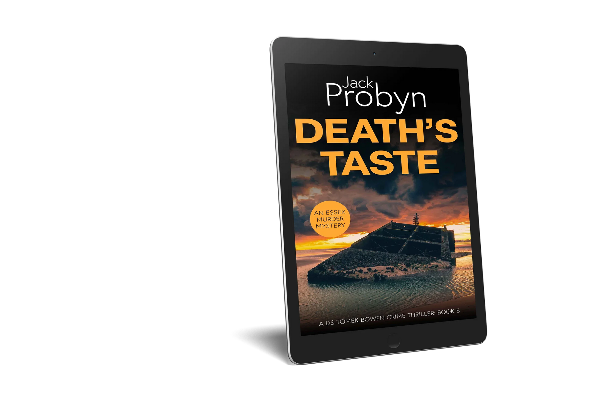 Book cover of Death’s Taste by Jack Probyn. A gritty Essex Murder Mystery featuring a large, slanted concrete sea defense or sunken bunker partially submerged in tidal water at sunset. Book 5 in the DS Tomek Bowen series, perfect for fans of JD Kirk and JM Dalgliesh