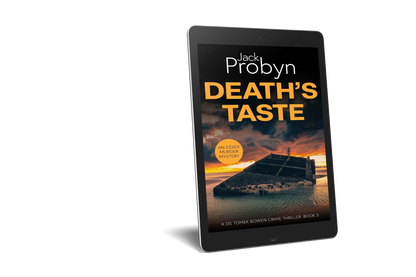 Book cover of Death’s Taste by Jack Probyn. A gritty Essex Murder Mystery featuring a large, slanted concrete sea defense or sunken bunker partially submerged in tidal water at sunset. Book 5 in the DS Tomek Bowen series, perfect for fans of JD Kirk and JM Dalgliesh