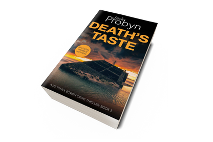 Book cover of Death’s Taste by Jack Probyn. A gritty Essex Murder Mystery featuring a large, slanted concrete sea defense or sunken bunker partially submerged in tidal water at sunset. Book 5 in the DS Tomek Bowen series, perfect for fans of JD Kirk and JM Dalgliesh