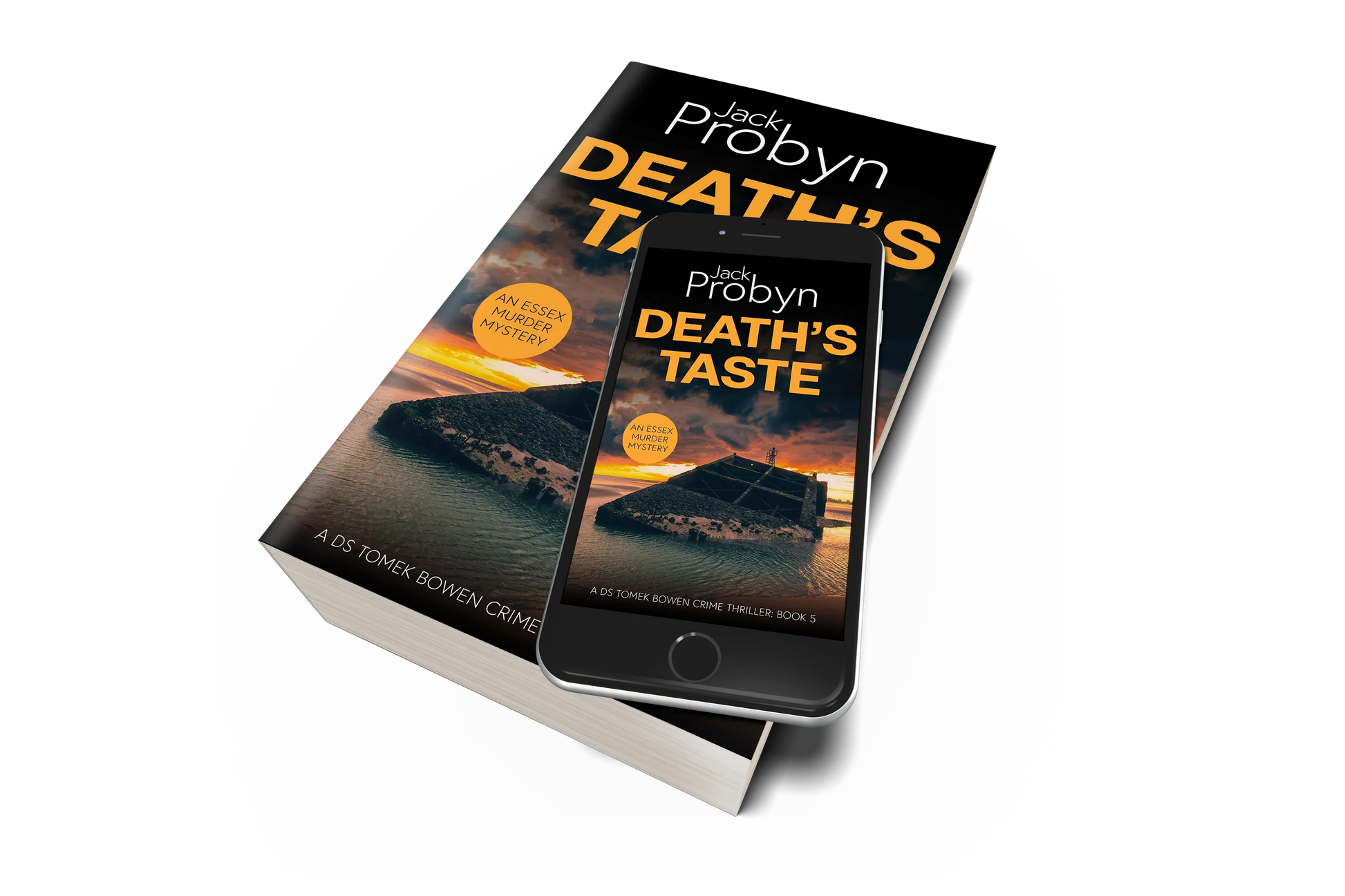 Book cover of Death’s Taste by Jack Probyn. A gritty Essex Murder Mystery featuring a large, slanted concrete sea defense or sunken bunker partially submerged in tidal water at sunset. Book 5 in the DS Tomek Bowen series, perfect for fans of JD Kirk and JM Dalgliesh