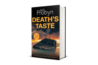 Book cover of Death’s Taste by Jack Probyn. A gritty Essex Murder Mystery featuring a large, slanted concrete sea defense or sunken bunker partially submerged in tidal water at sunset. Book 5 in the DS Tomek Bowen series, perfect for fans of JD Kirk and JM Dalgliesh