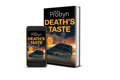 Book cover of Death’s Taste by Jack Probyn. A gritty Essex Murder Mystery featuring a large, slanted concrete sea defense or sunken bunker partially submerged in tidal water at sunset. Book 5 in the DS Tomek Bowen series, perfect for fans of JD Kirk and JM Dalgliesh