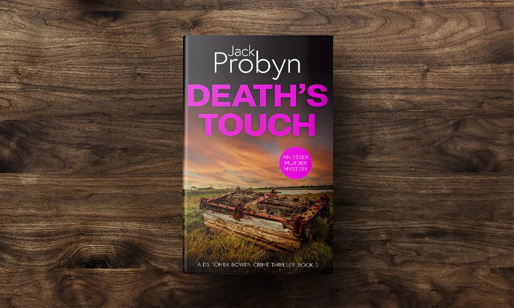 Book cover of Death’s Touch, an Essex Murder Mystery by Jack Probyn. A gritty crime thriller featuring a rusted, heavy wooden crate or trap with metal chains abandoned in a grassy marshland under a fiery orange sunset. Book 3 in the DS Tomek Bowen series, perfect for fans of JD Kirk and JM Dalgliesh