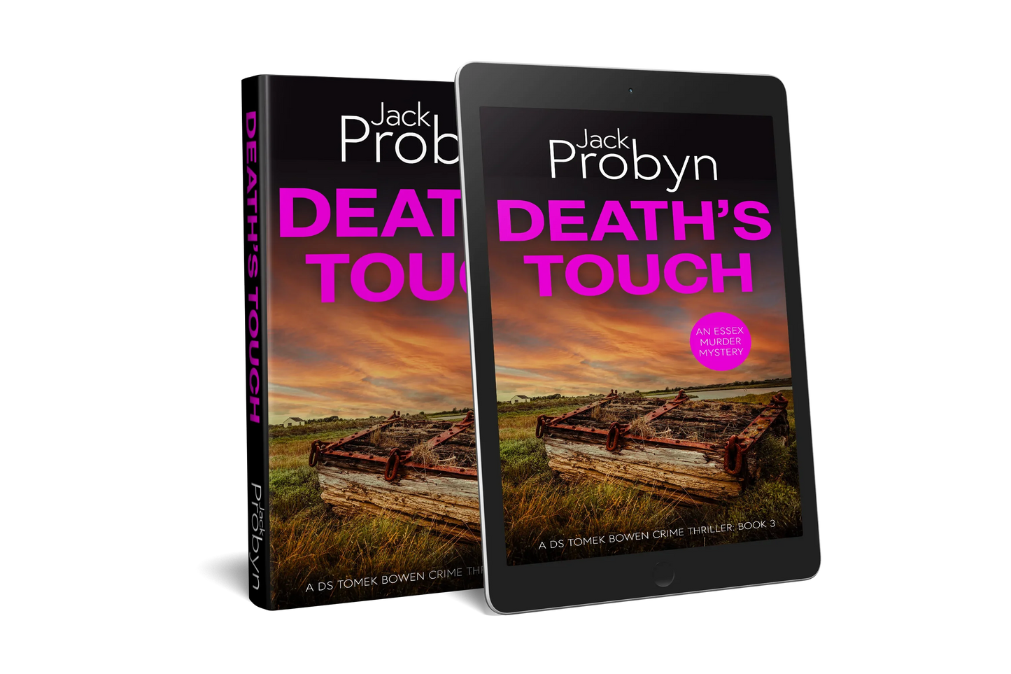 Book cover of Death’s Touch, an Essex Murder Mystery by Jack Probyn. A gritty crime thriller featuring a rusted, heavy wooden crate or trap with metal chains abandoned in a grassy marshland under a fiery orange sunset. Book 3 in the DS Tomek Bowen series, perfect for fans of JD Kirk and JM Dalgliesh