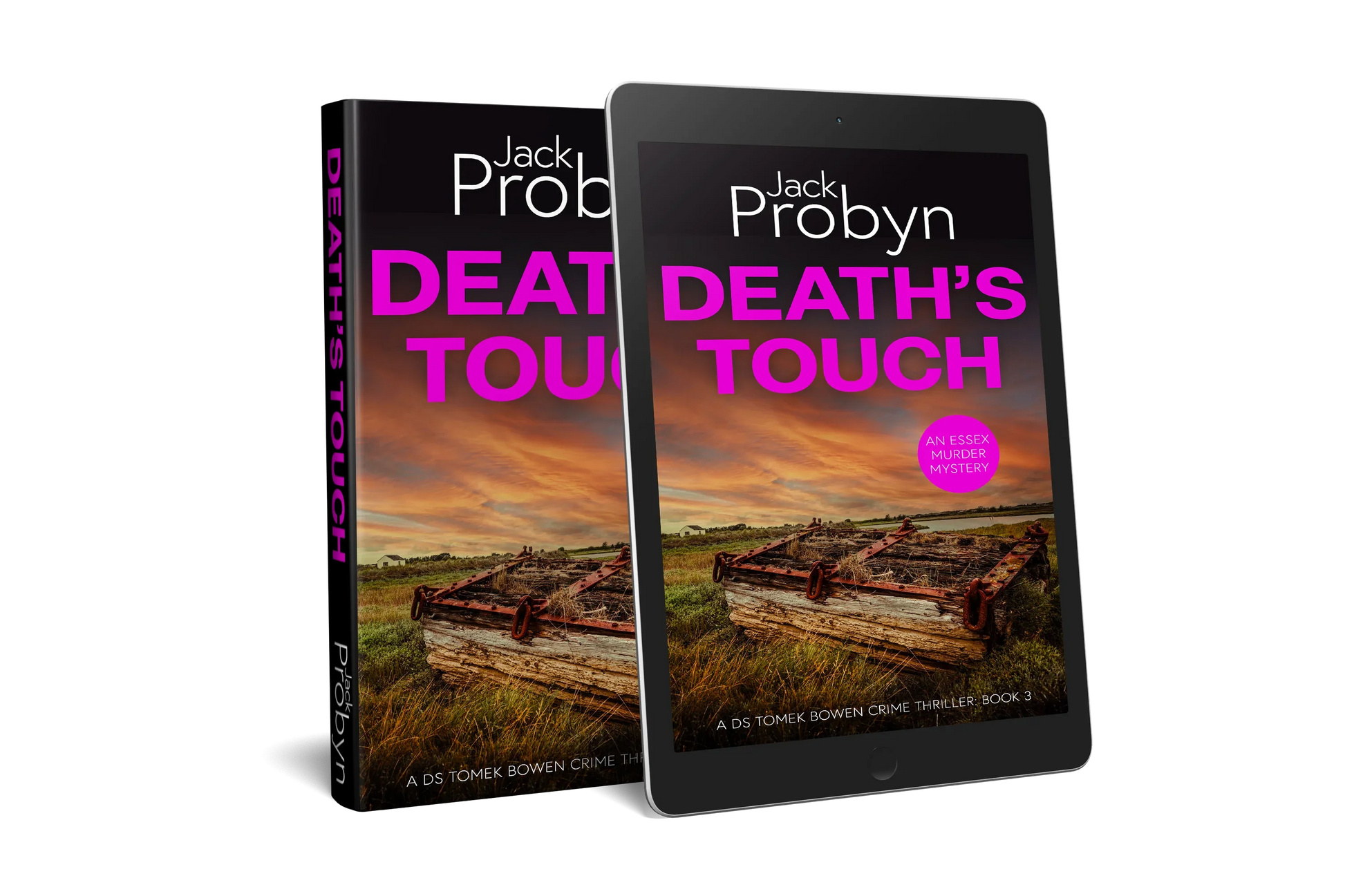 Book cover of Death’s Touch, an Essex Murder Mystery by Jack Probyn. A gritty crime thriller featuring a rusted, heavy wooden crate or trap with metal chains abandoned in a grassy marshland under a fiery orange sunset. Book 3 in the DS Tomek Bowen series, perfect for fans of JD Kirk and JM Dalgliesh