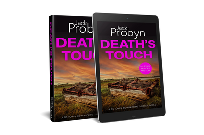 Book cover of Death’s Touch, an Essex Murder Mystery by Jack Probyn. A gritty crime thriller featuring a rusted, heavy wooden crate or trap with metal chains abandoned in a grassy marshland under a fiery orange sunset. Book 3 in the DS Tomek Bowen series, perfect for fans of JD Kirk and JM Dalgliesh