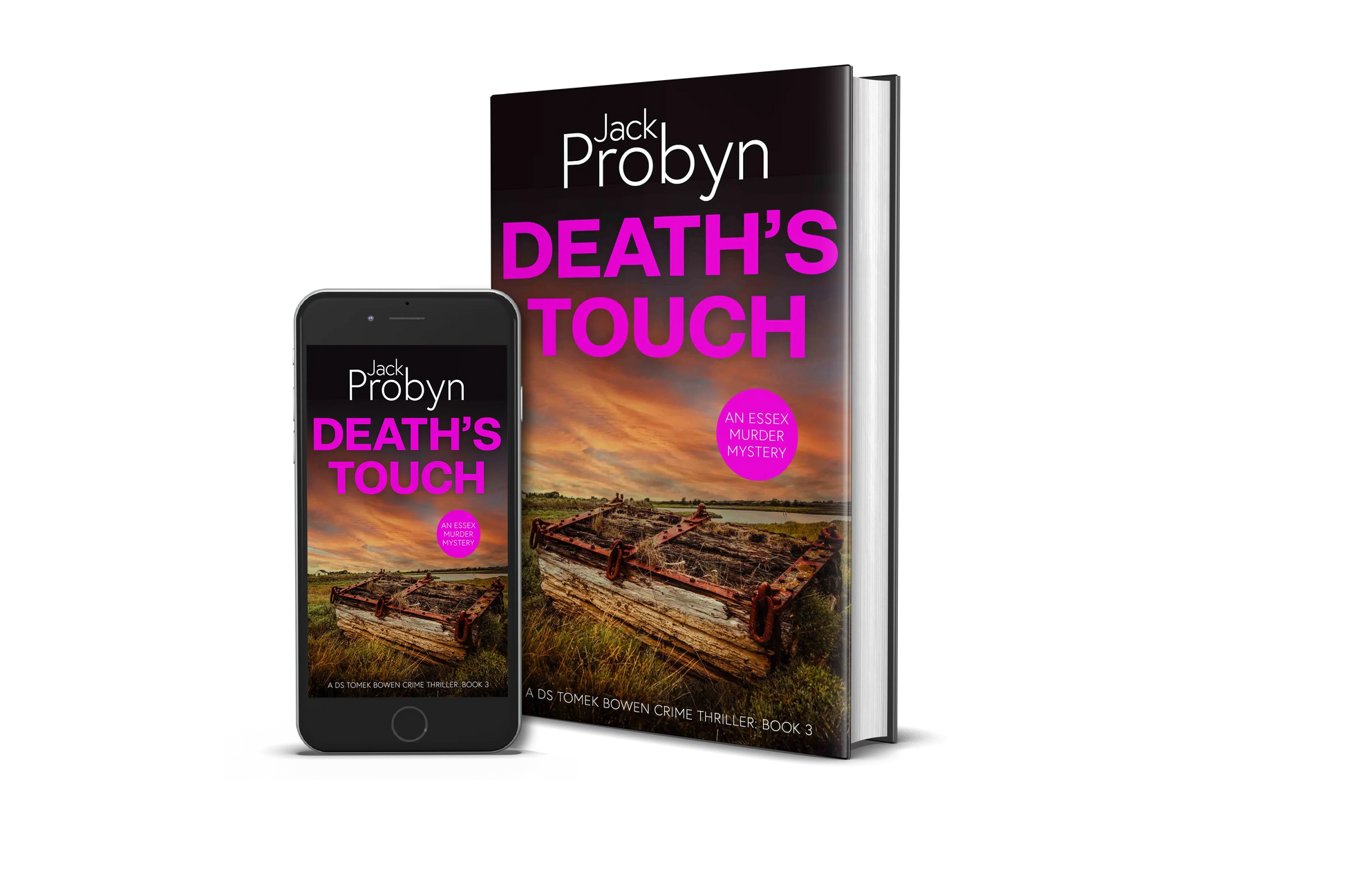 Book cover of Death’s Touch, an Essex Murder Mystery by Jack Probyn. A gritty crime thriller featuring a rusted, heavy wooden crate or trap with metal chains abandoned in a grassy marshland under a fiery orange sunset. Book 3 in the DS Tomek Bowen series, perfect for fans of JD Kirk and JM Dalgliesh