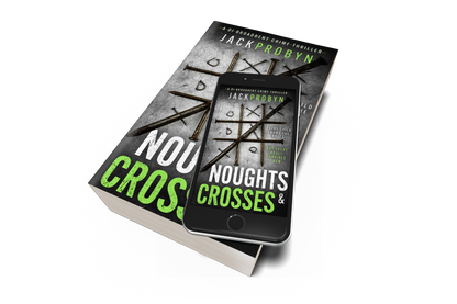 Book cover for Noughts & Crosses, a DI Broadbent crime thriller by Jack Probyn. Large, rusted iron nails are arranged on a scratched metallic surface to form a tic-tac-toe game board, with small bent nails acting as the "noughts.”